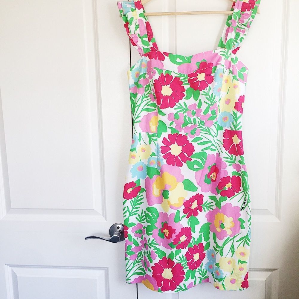 Lilly Pulitzer Floral Dress Ruffle Sleeves 12
